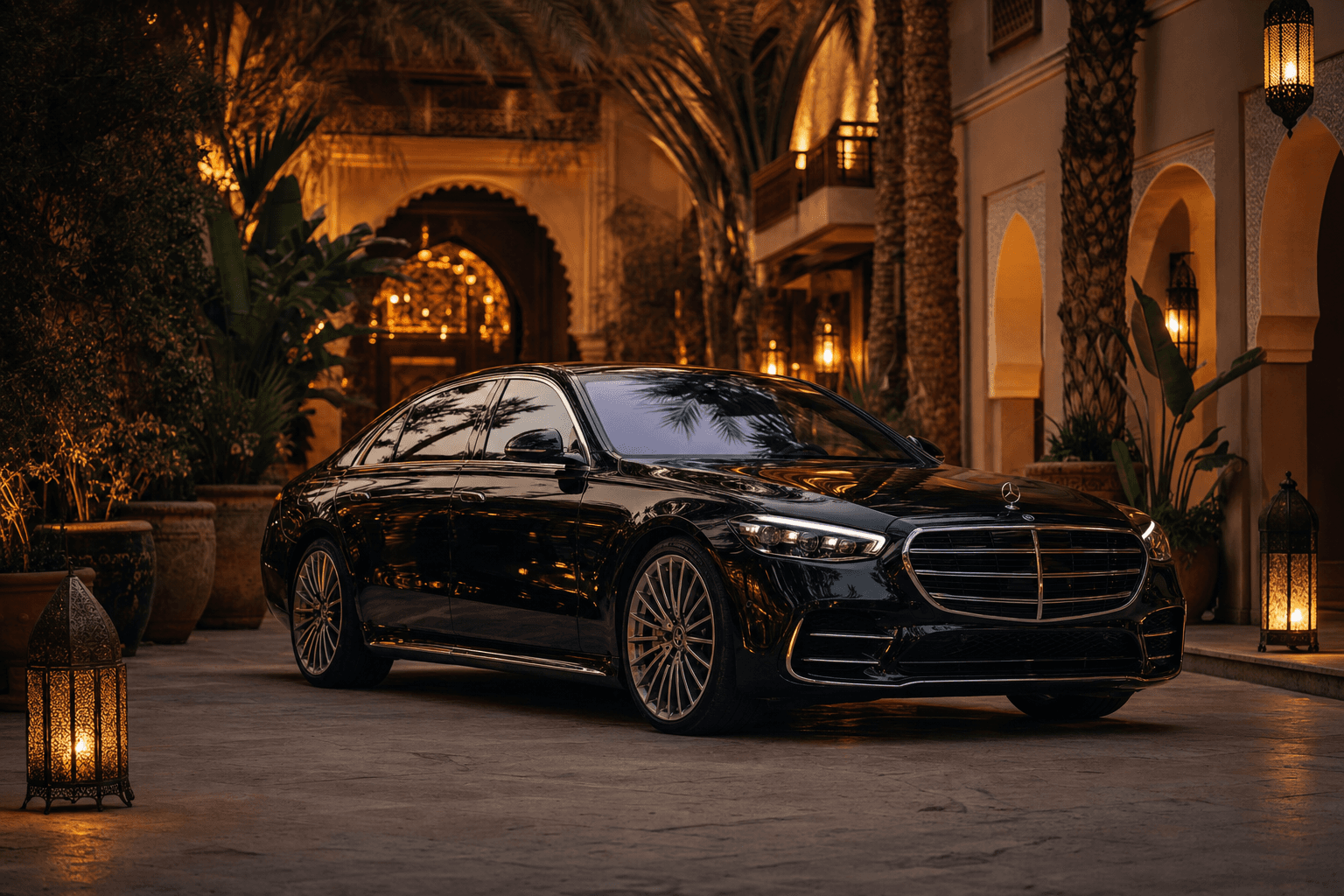 Executive luxury sedan parked outside a modern building in Morocco