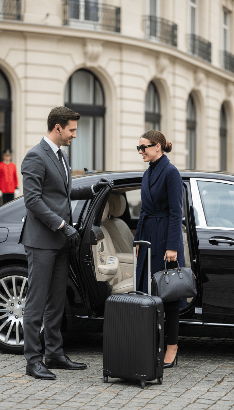 Chauffeur in dark suit holding the rear door of a luxury sedan for a traveler