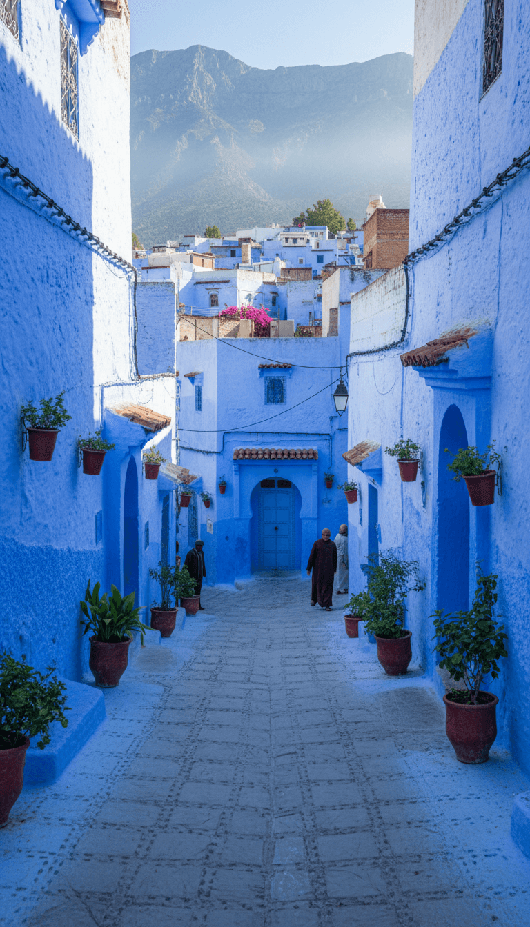 Blue washed streets of Chefchaouen set against the Rif Mountains