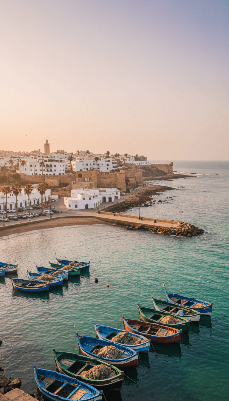 Moroccan coastal town with small boats along the Atlantic