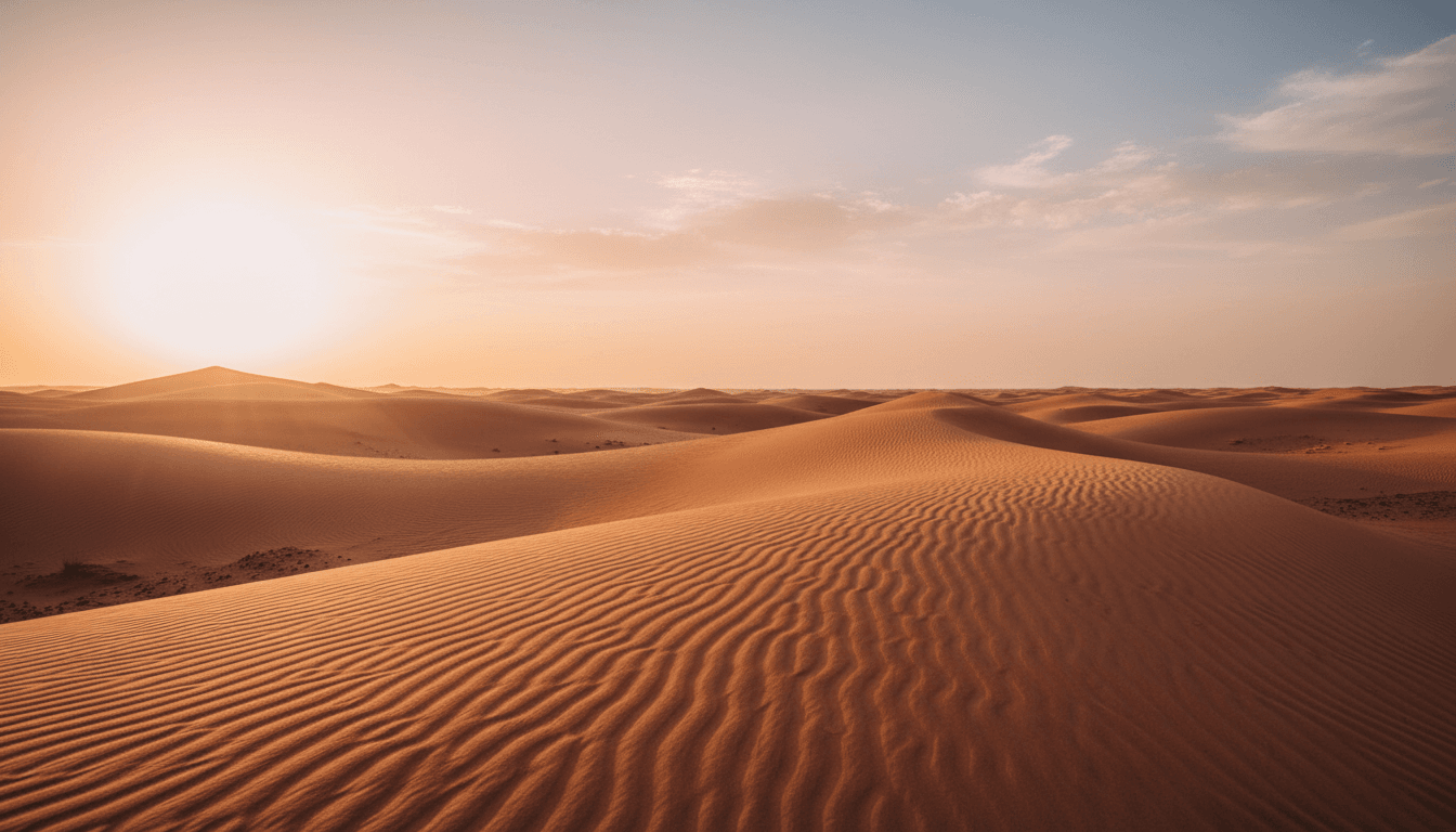 Golden sand dunes of the Sahara at sunset with soft light