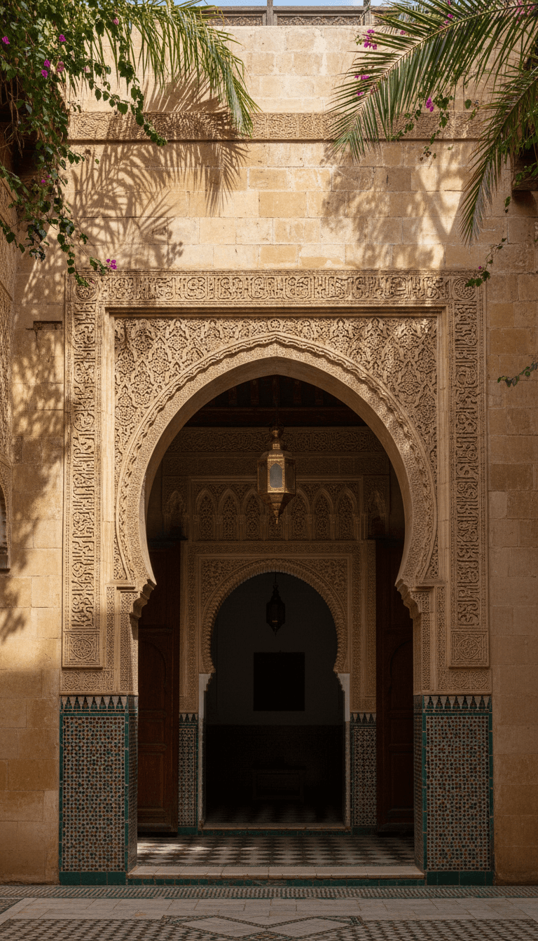 Ornate archway and carved sandstone walls of a historic Moroccan riad