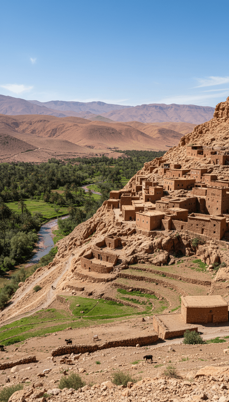 Traditional Berber village nestled in an Atlas Mountains valley