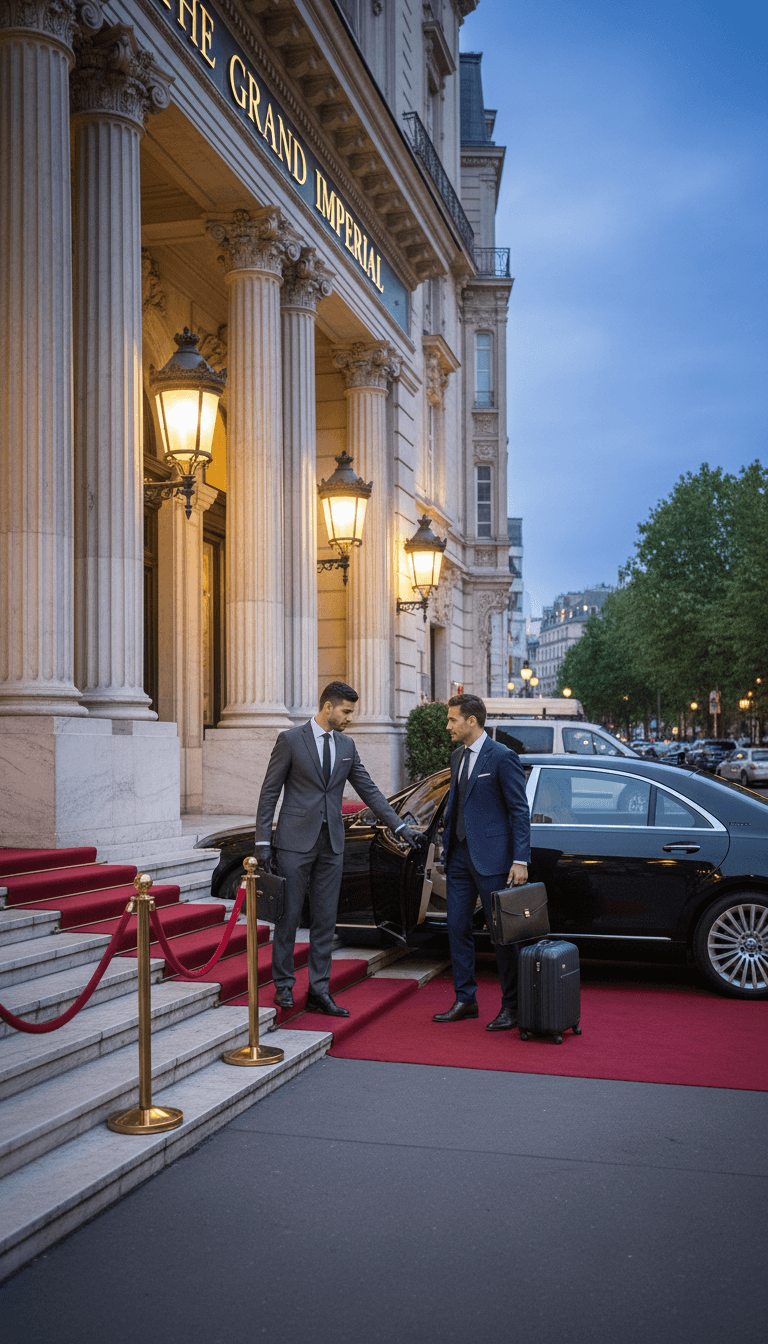 Private chauffeur opening car door for traveler in elegant setting