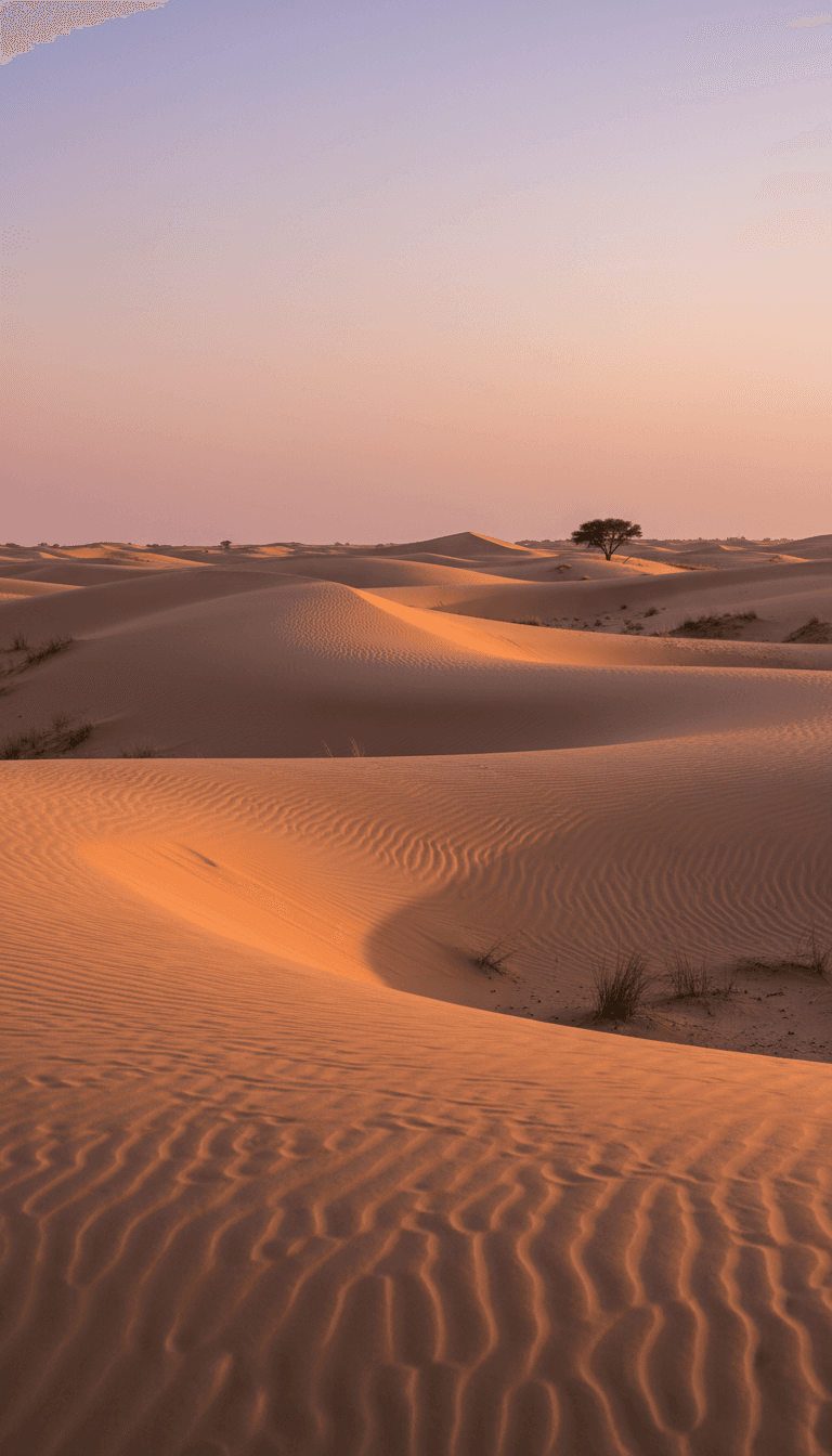 Rolling golden Sahara dunes glowing at dusk