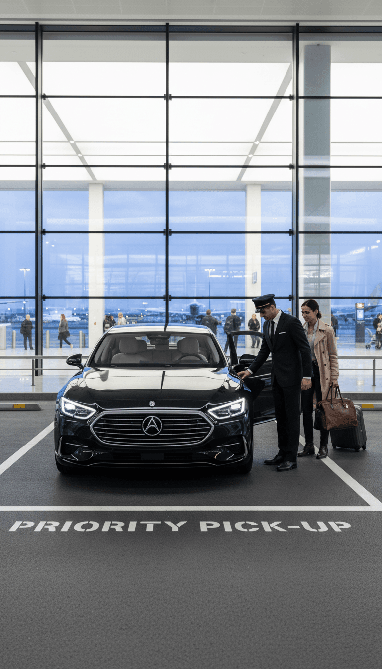 Professional chauffeur opening the door of a black sedan for a traveler at an airport