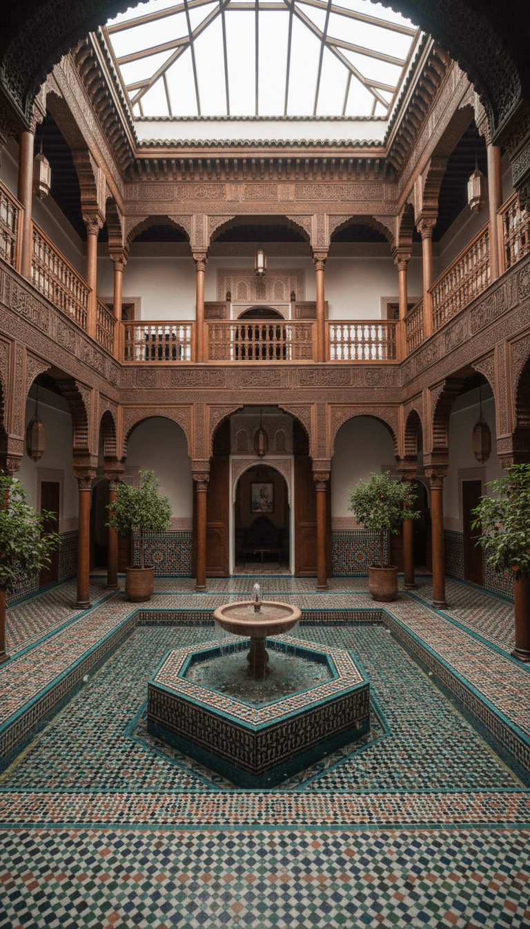 Interior courtyard of an ornate Moroccan riad with zellige tilework