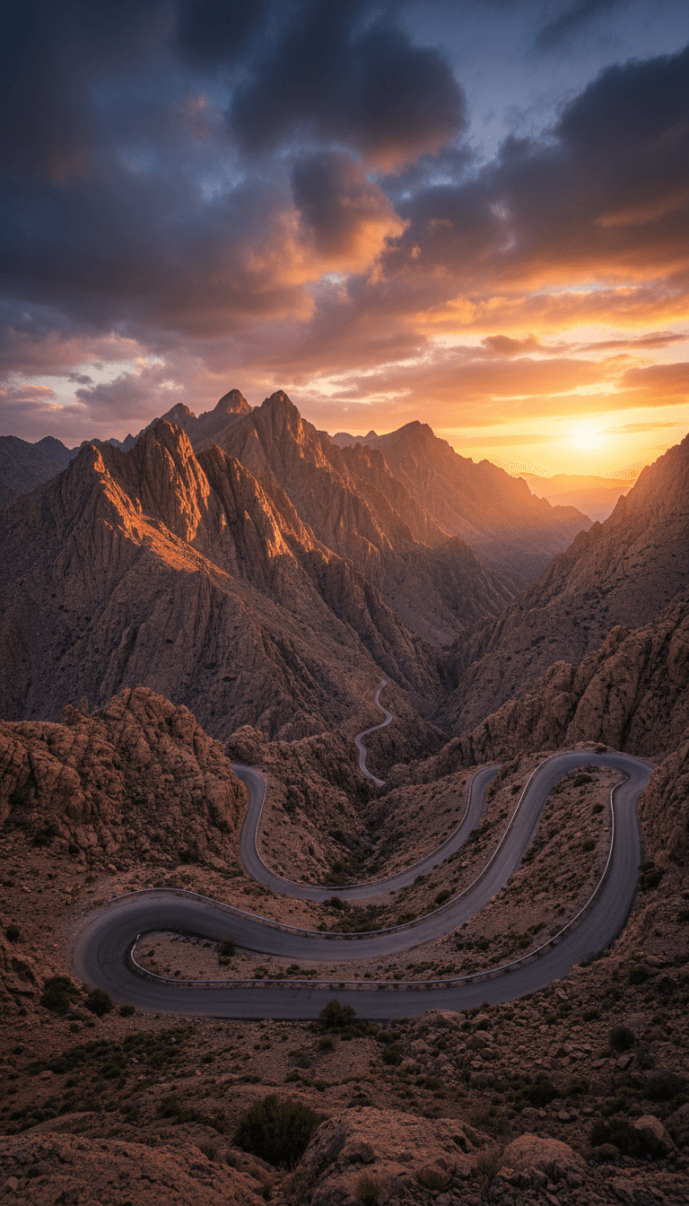 Atlas Mountain peaks seen from a winding mountain pass
