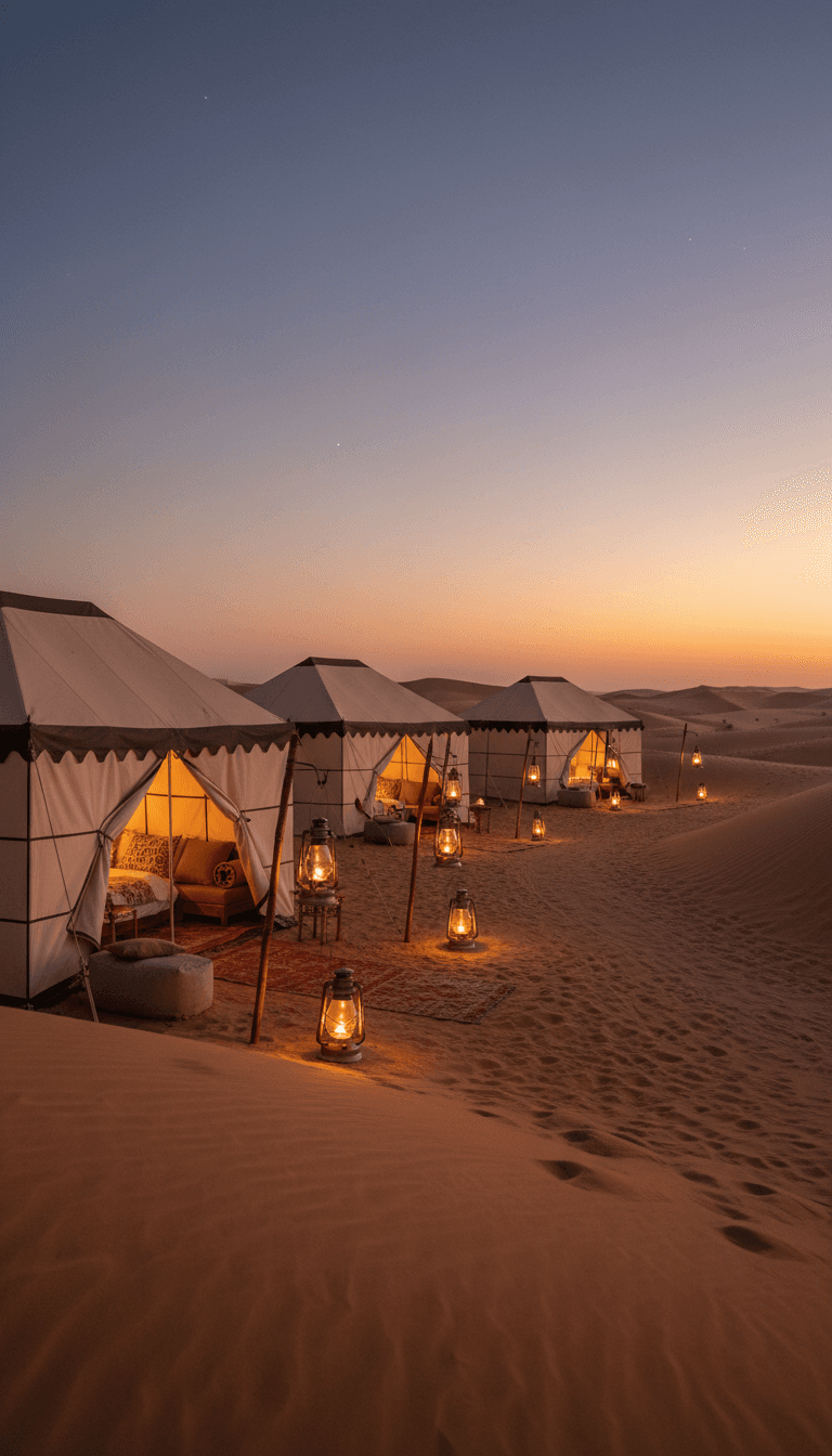 Elegant private desert camp glowing with lanterns under the evening sky