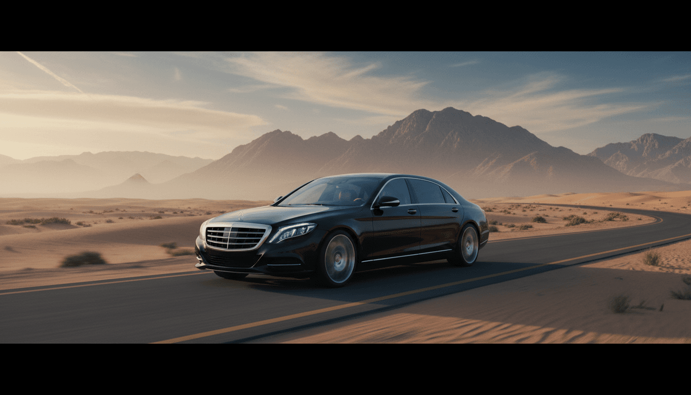 Black luxury sedan on a desert road with the Atlas Mountains in the distance