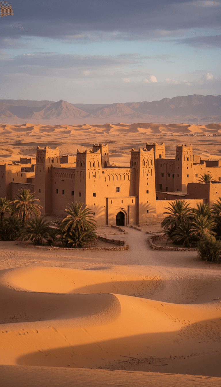 Historic red earth kasbah standing in the desert
