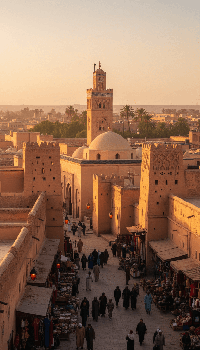 Ancient imperial city medina in Morocco at warm sunset