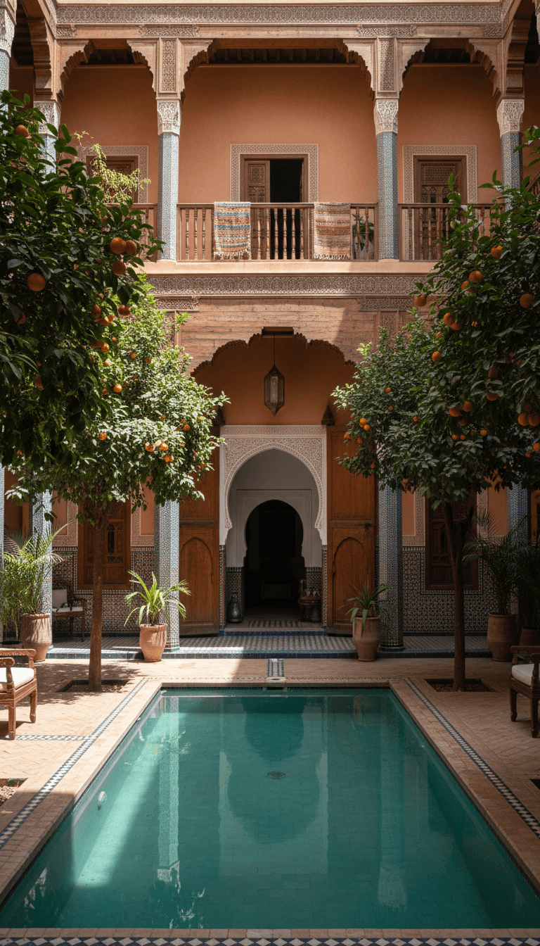 Serene riad courtyard with a plunge pool in the Marrakech medina