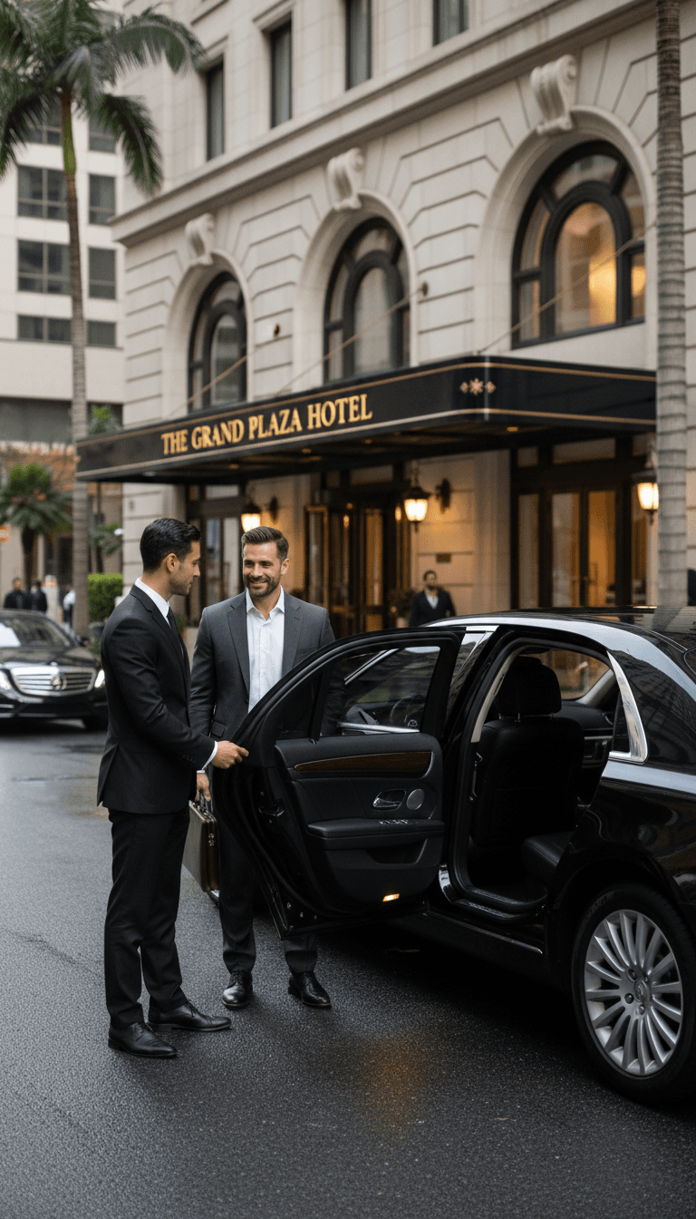 Chauffeur in tailored suit holds the door of a dark luxury sedan for a client