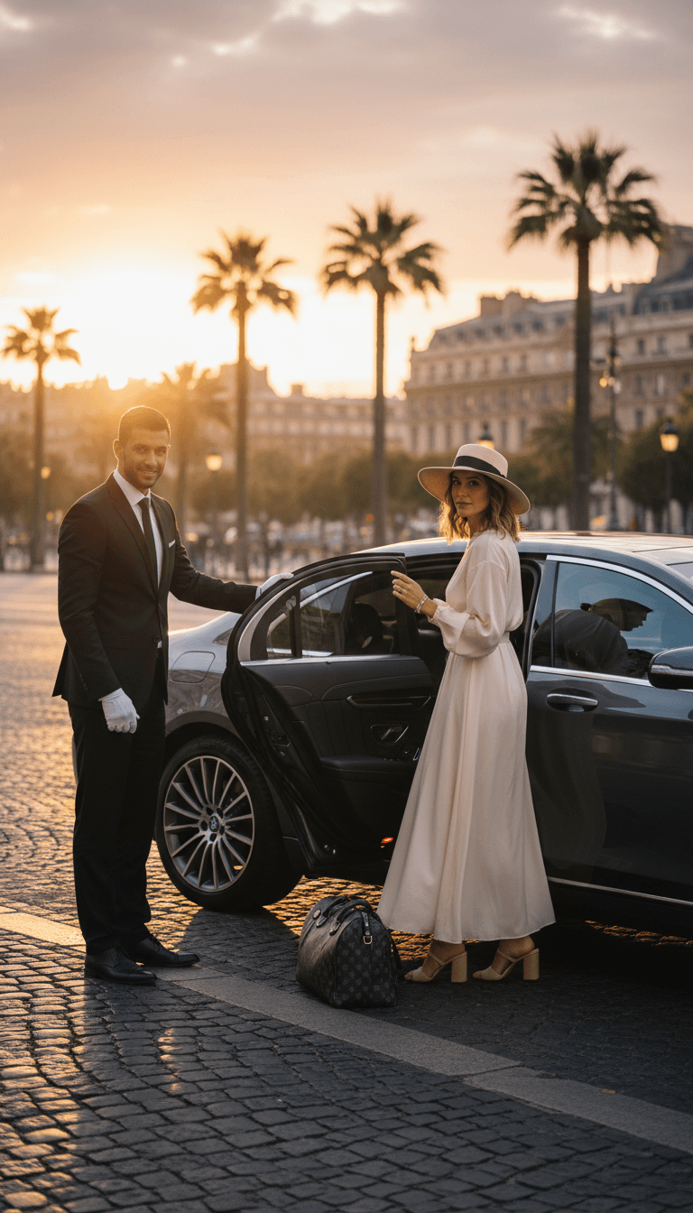 Professional chauffeur in suit holding the door of a polished dark sedan for a traveler