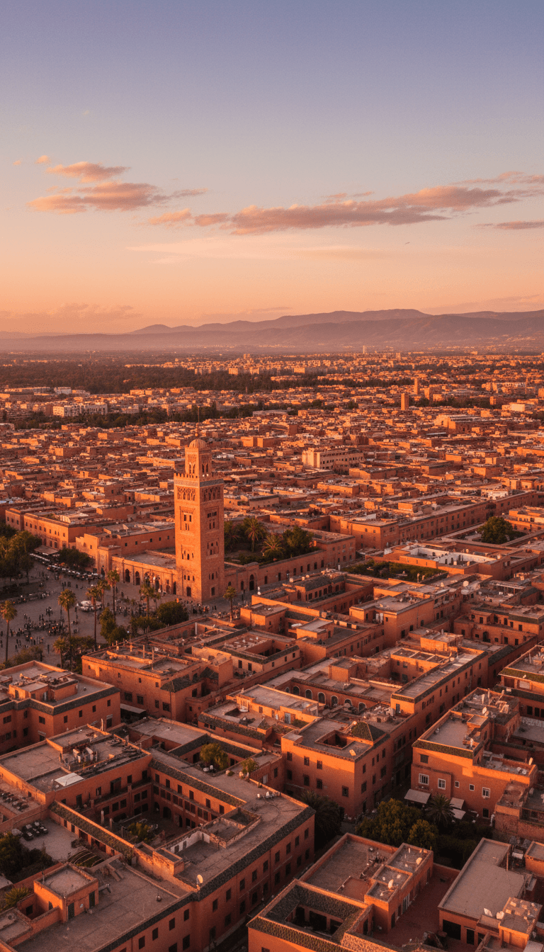 Aerial view of Marrakech's rooftops and the Koutoubia mosque at dusk