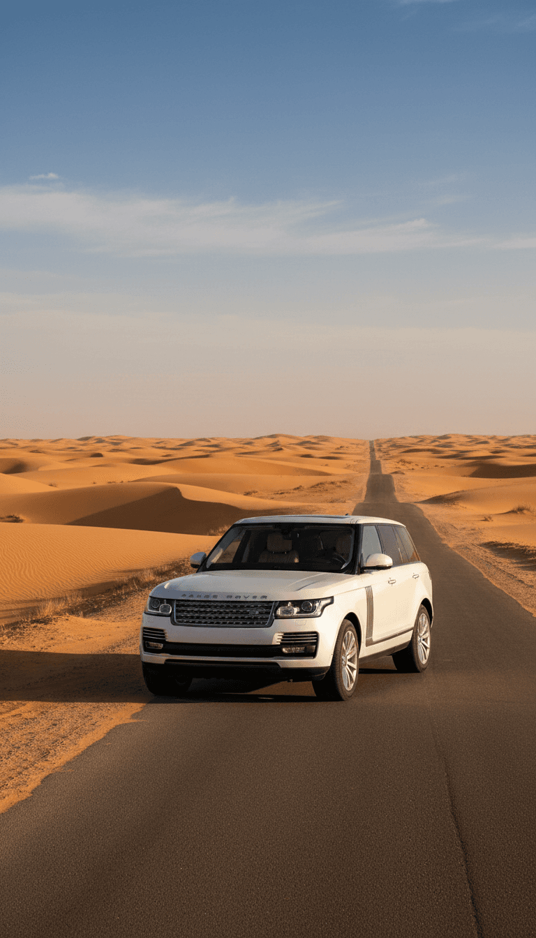 Private chauffeured vehicle on a road leading to the Sahara sand dunes