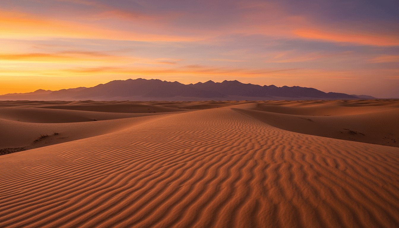 Golden sand dunes of the Sahara desert at sunset with soft ripples and a clear sky