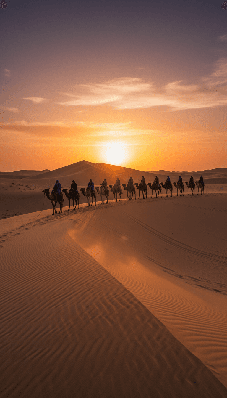Camel caravan crossing a tall Sahara sand dune at golden hour