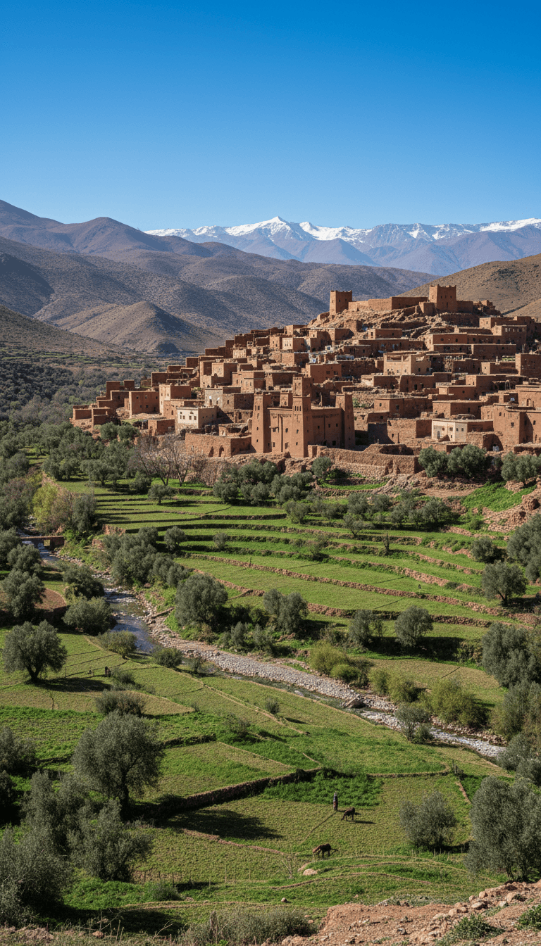 Atlas mountain village with green valley and terracotta homes
