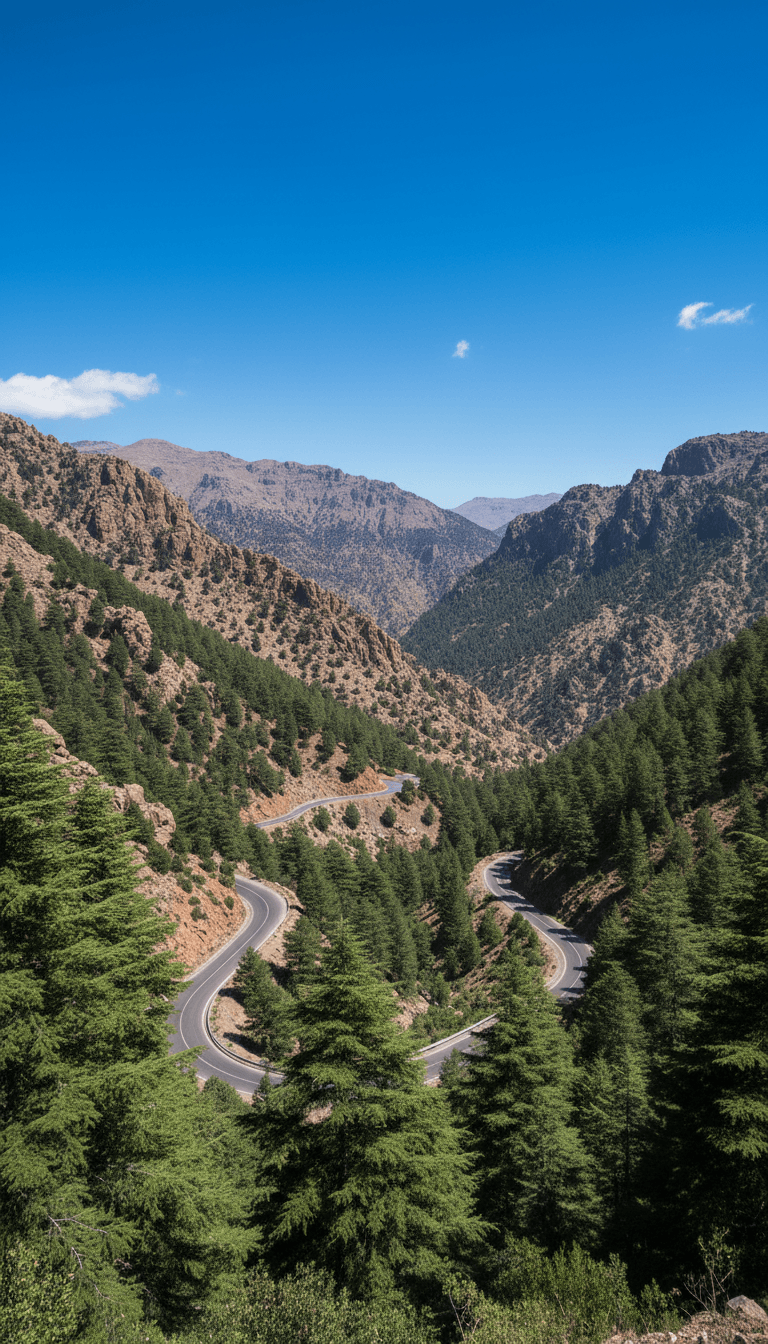 Scenic mountain road winding through cedar forests in the Atlas range