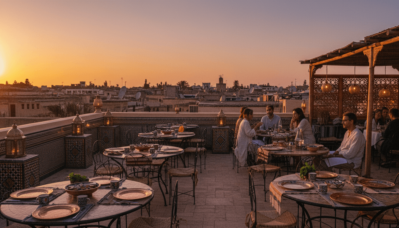 Rooftop view of Marrakech skyline at sunset