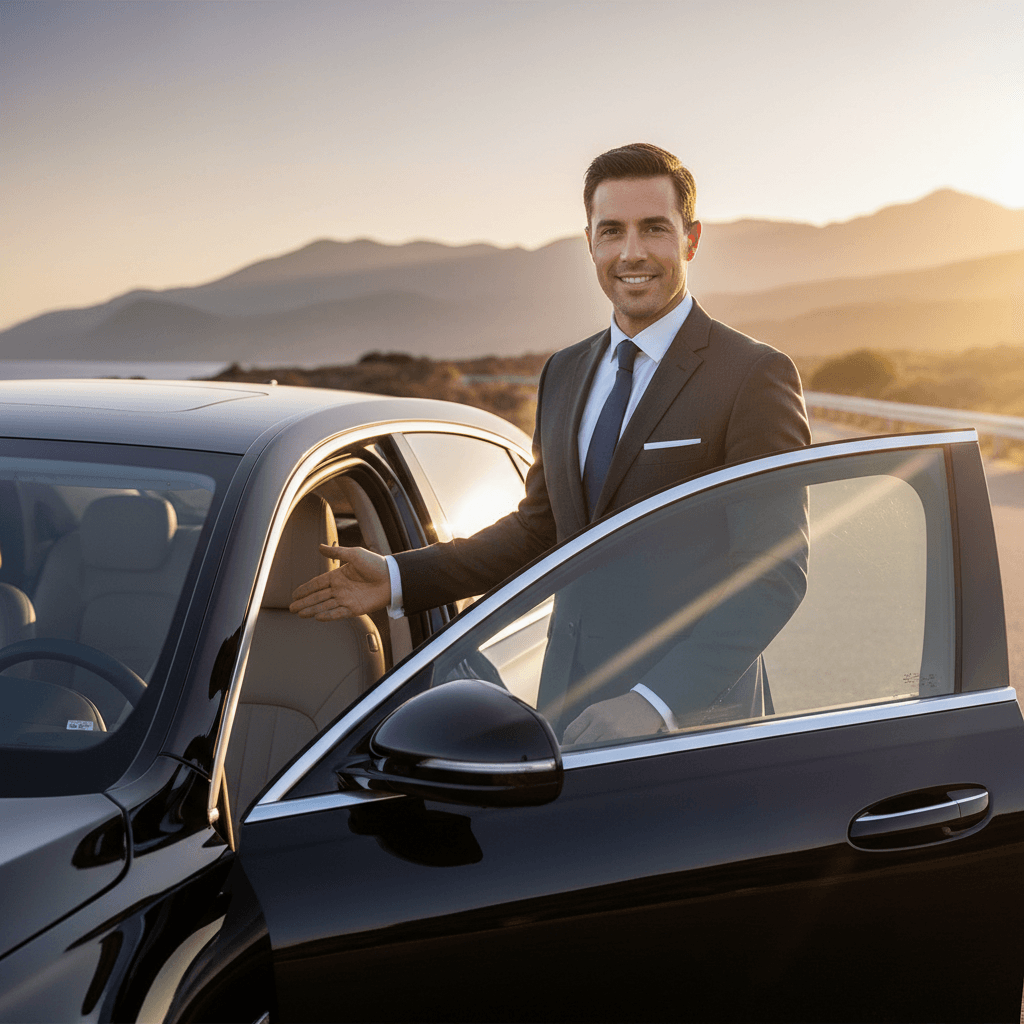 Professional chauffeur in dark suit standing beside open black sedan door with scenic backdrop