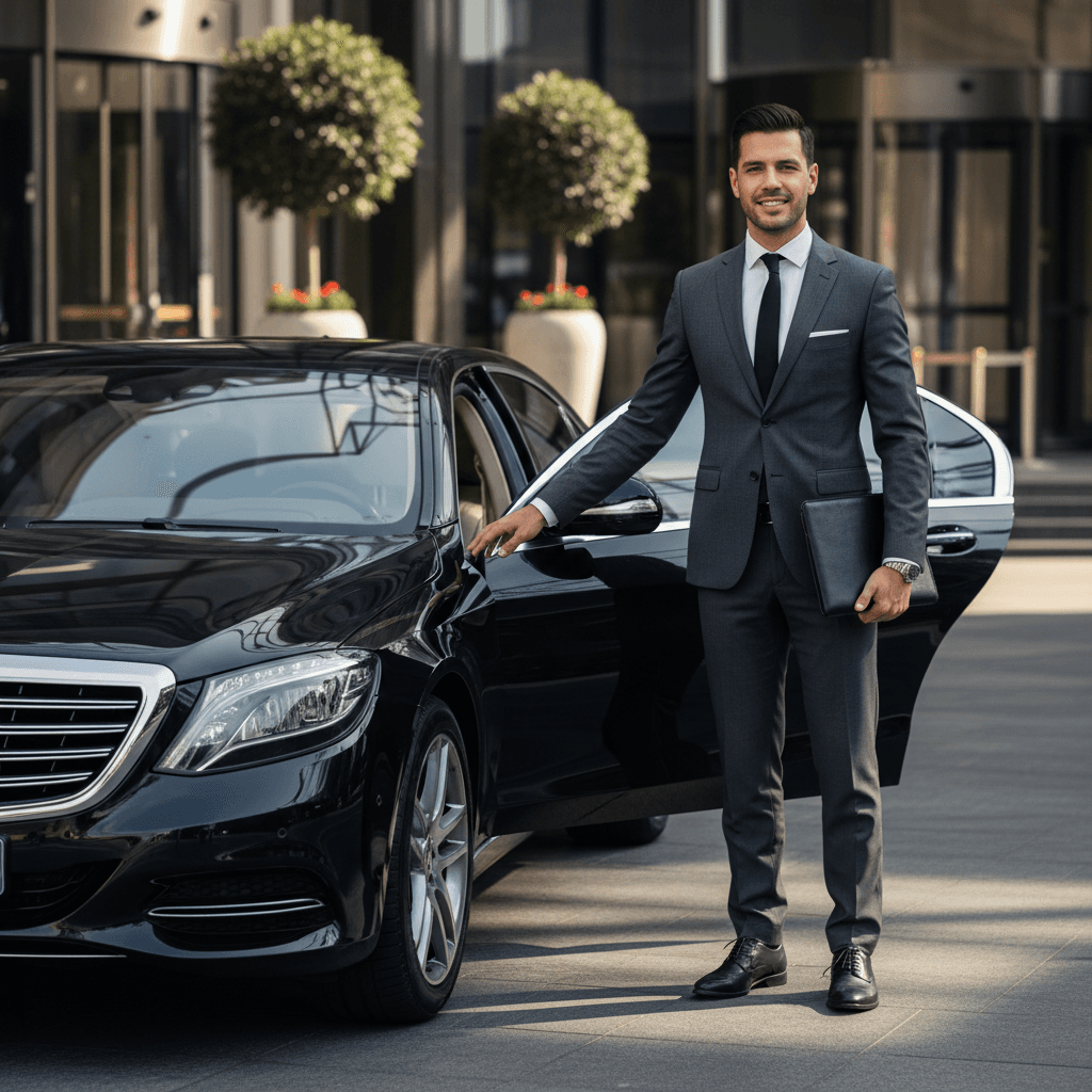 Professional chauffeur in tailored neutral attire holding the rear door open beside a dark premium sedan on a quiet Moroccan street