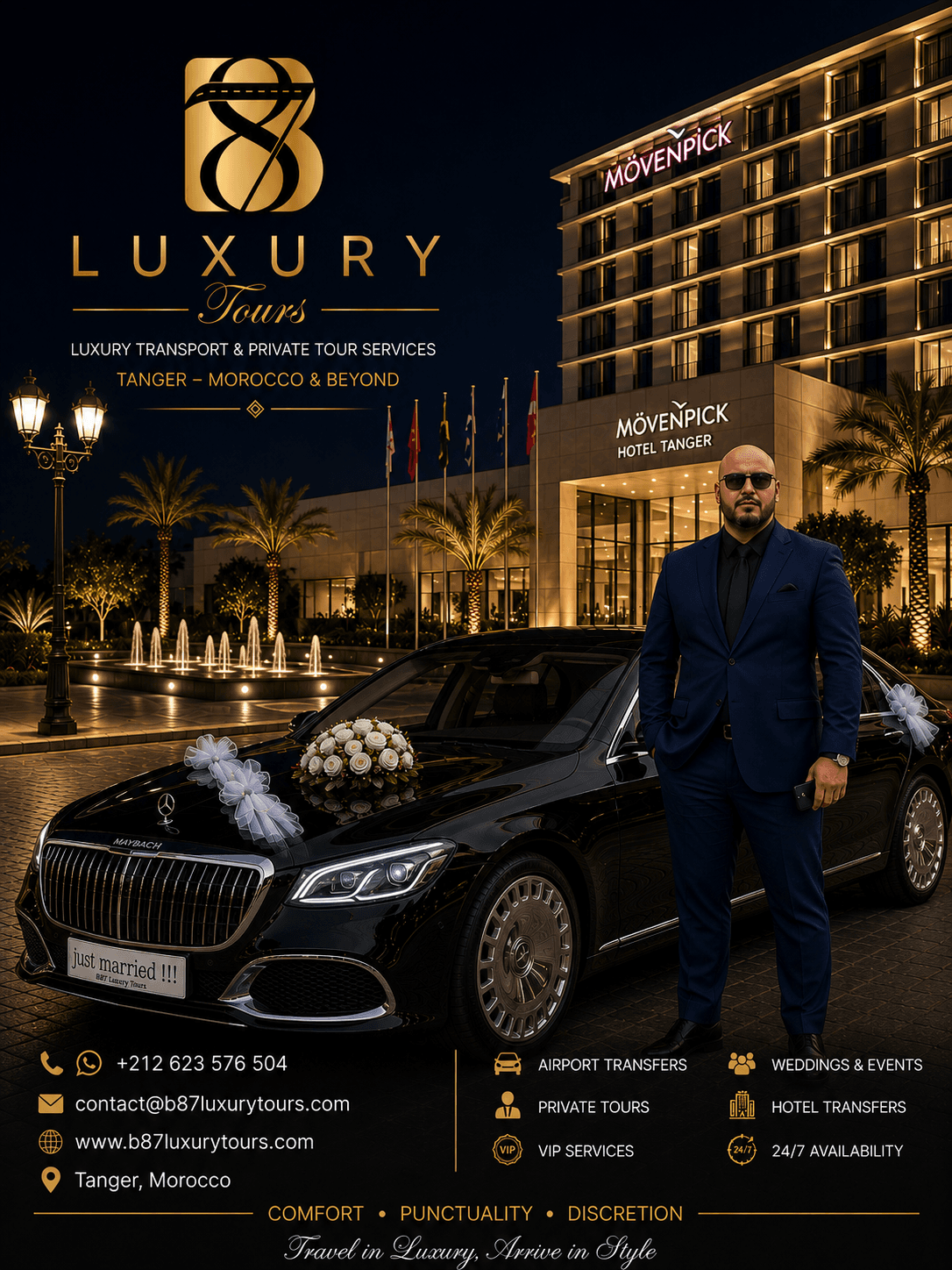 Chauffeur in blue suit beside a decorated black Maybach outside the Mövenpick Hotel Tanger.